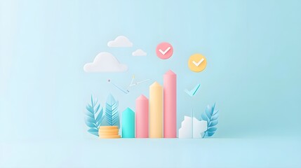 Poster - 3D Minimalist Business Growth Success Concept with Checkmarks and Clouds