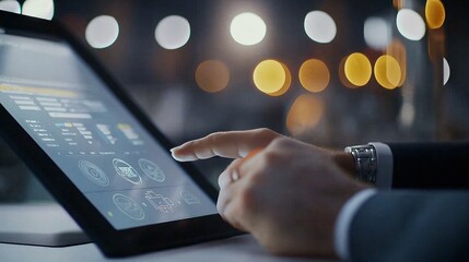 Poster - Data Driven Decisions: A businessman's hand points at a futuristic tablet screen filled with dynamic data, showcasing a world driven by information and analysis.  