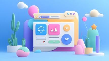 Poster - Colorful 3D Website Design with Cactus and Clouds