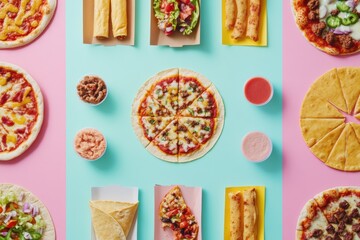 Poster - Street food items like tacos and pizza are creatively displayed in a geometric layout, showcasing vibrant colors and tempting flavors. Generative AI