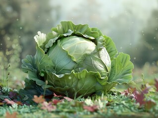 Close-Up of a Fresh Green Cabbage in a Garden