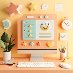 Poster - Desktop Computer with Smiley Face  Stars and Rating System 3D Illustration