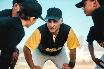 Poster - Baseball, coach and strategy with sports team on pitch together, talking match or game tactics. Conversation, exercise or fitness with man talking to children outdoor at venue for competition