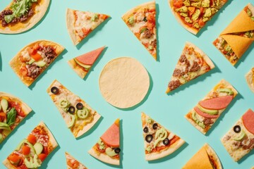 Poster - Tacos and pizza slices are neatly arranged in a geometric pattern, showcasing a variety of toppings against a bright backdrop. Generative AI
