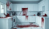Blood splattered across a white kitchen.