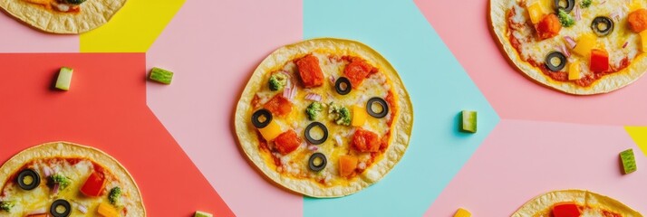 Poster - Tacos and pizza are meticulously arranged on colorful geometric surfaces, showcasing delicious street food at a lively market setting. Generative AI
