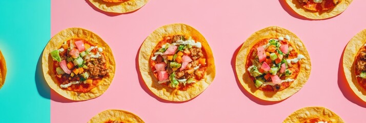 Poster - Colorful street food items, including tacos and pizza, are neatly arranged in geometric patterns on vibrant backgrounds at a market. Generative AI