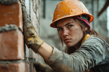 Female bricklayer focused on building a wall at a construction site