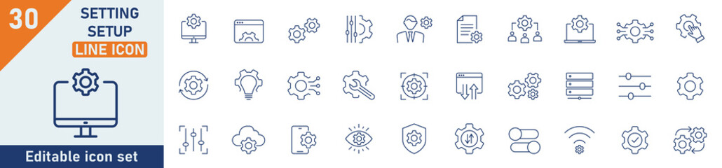 setting and setup line icon set. set of 30 outline icons related to setting, setup, option, installa