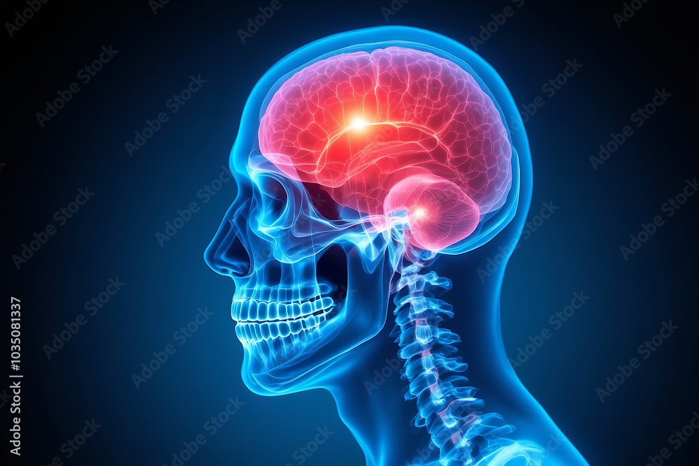X-ray image of a human head with the brain illuminated in red Stock ...