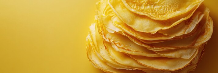Poster - A delicious stack of freshly made golden crepes sits invitingly, showcasing their warm color against a bright yellow backdrop. Generative AI