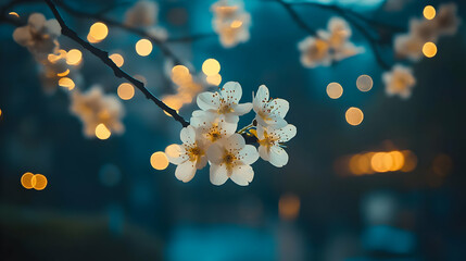 Canvas Print - White Blossoms Bloom Against a Teal Background with Golden Bokeh Lights