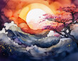 © 100ME - 夕焼けのオレンジと紫が混じり合い柄が時間と共に色を変えながら、空と地平線の間で揺らめく描写が幾何学模様と融合する
