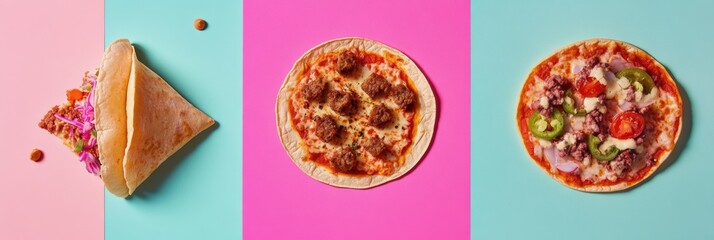 Poster - Tacos and pizzas are artfully arranged in geometric patterns on bright backgrounds, showcasing popular street food options. Generative AI