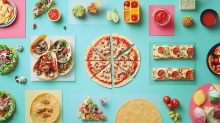 Poster - A variety of street food items like tacos, pizza, and fresh ingredients are beautifully arranged on a colorful tabletop at a bustling market. Generative AI