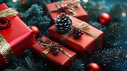 Wall Mural - christmas gift box, fir tree branches, red balls on snowy background. christmas card