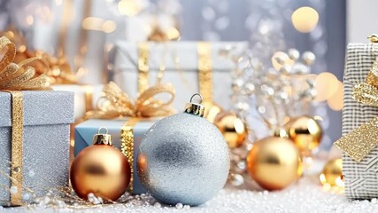 Wall Mural - gift boxes, present boxes,christmas balls, fir branches on a wooden table on a snowy background of f