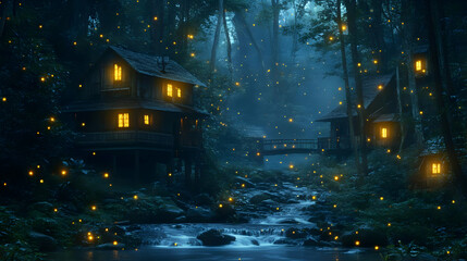 Canvas Print - Enchanted Forest Cabins Glimmering With Fireflies Near a Tranquil Stream