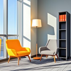 Wall Mural - A sunlit modern office corner featuring a bright yellow chair, a sleek gray chair, a minimalist floor lamp, and a black bookcase against a large window with sunshine.