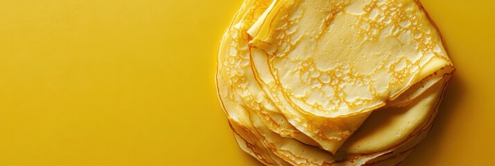 Poster - A stack of freshly made golden crepes sits invitingly on a bright yellow surface, perfect for delicious fillings or toppings. Generative AI