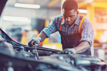 Mechanic working on car engine, professional auto repairman, man fixing vehicle, detailed maintenance, workshop scene, automotive repair concept