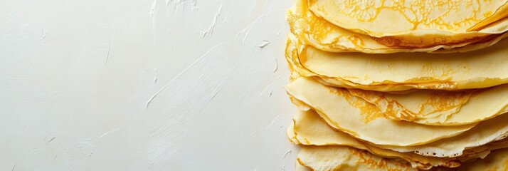 Poster - Freshly made golden crepes are stacked neatly on a white surface, inviting indulgers to enjoy them with various toppings. Generative AI