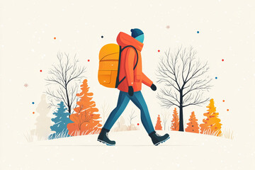 A hiker dressed in warm clothing walks along a snowy path surrounded by vibrant winter trees. The bright colors add a cheerful contrast to the white snow.