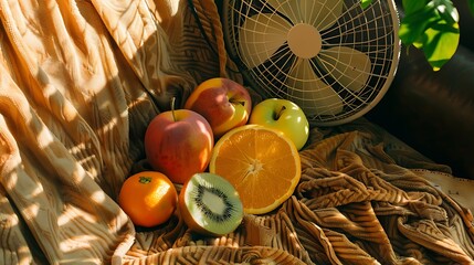 A table fan with fruits onto the brown blanket in the heat