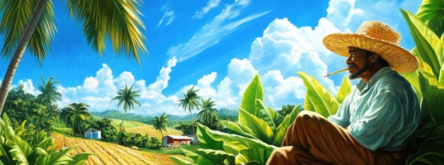 A man in a straw hat sits under a palm tree in a rural scene, looking out over a field of crops towards a lush tropical landscape with bright blue sky and puffy clouds.