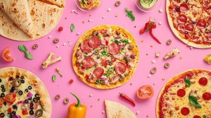 Poster - A colorful assortment of tacos and pizzas is beautifully arranged in geometric order on a bright pink surface, enticing hungry diners. Generative AI