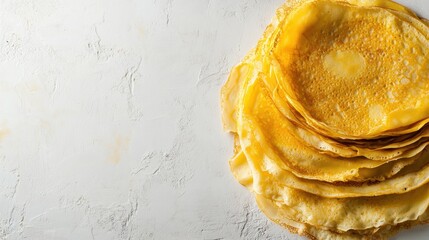 Poster - Delicious golden crepes are stacked high on a light surface, perfect for serving with various toppings and fillings at any meal. Generative AI