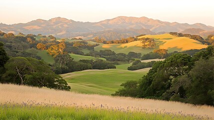 A picturesque landscape showcasing a tranquil countryside setting with rolling lavender fields under a clear blue sky creating a serene and calming natural vista