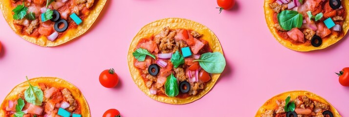 Poster - Tacos and pizza are artistically arranged in geometric order, showcasing fresh ingredients and bright colors, perfect for a street food feast. Generative AI