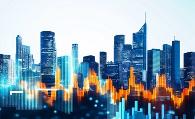 Image depicting a modern city skyline with high-rise buildings, enhanced with abstract financial graphs overlay, symbolizing business and economic growth themes.