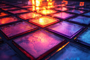 Poster - Vibrant glass tiles forming a pixel mosaic with glowing circular gradients, reflecting light and creating a dynamic design,