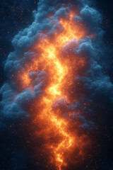 Poster - Neon-lit particles forming an abstract cloud, moving dynamically on a dark, black backdrop,
