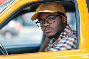 Taxi driver wearing glasses in yellow cab, looking serious, sitting in car window, close-up portrait, transportation, occupation concept