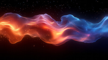 Poster - A neon particle cloud in fluid motion, glowing brightly on a deep black background,