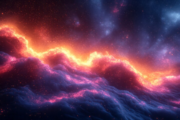 Poster - An abstract cloud of particles glowing in neon colors, moving dynamically across a black background,