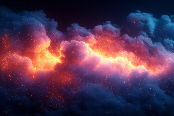 Poster - An abstract cloud of particles glowing in neon colors, moving dynamically across a black background,