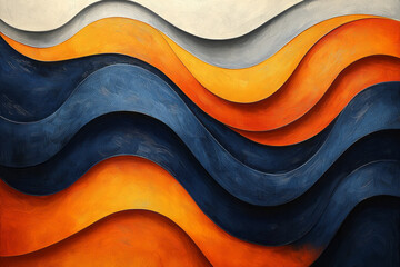 Poster - Wavy blue and orange lines flowing together in an abstract geometric pattern, creating a vibrant, dynamic design,