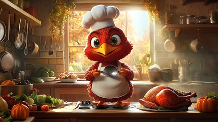 Poster - A cartoon turkey wearing a chef’s hat and apron, holding a large spoon while preparing a Thanksgiving feast in a cozy kitchen, surrounded by pots, pans, and vegetables,