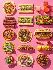 Poster - Colorful street food delights such as tacos, pizza, and salads are beautifully displayed in an organized geometric layout. Generative AI