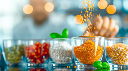 Wall Mural - a skilled chef adds spices to glass bowls filled with colorful ingredients in a lively kitchen. the 