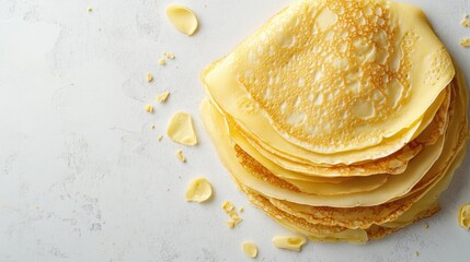 Poster - Deliciously golden crepes stacked neatly, perfect for serving with various toppings or enjoying plain in a cozy kitchen setting. Generative AI