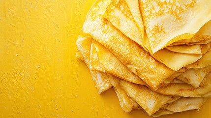 Poster - A stack of golden-brown crepes sits invitingly on a yellow background, ideal for breakfast, dessert, or savory fillings. Generative AI