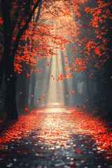 Poster - A warm light penetrating through a heavy fog, casting long shadows and creating a magical atmosphere,