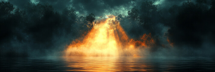 Poster - A mysterious scene of light shining through dense fog, casting ethereal rays in a misty, quiet landscape,