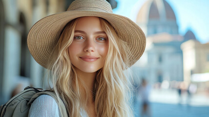 a young stylish woman enjoys coffee and beautiful view on famous Duomo cathedral in Florence. Concept of visiting italian landmarks and spending time while travel