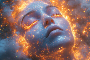 Poster - A cosmic nebula shaped like a peaceful face, with colorful light and gases swirling in a dreamy, ethereal way,